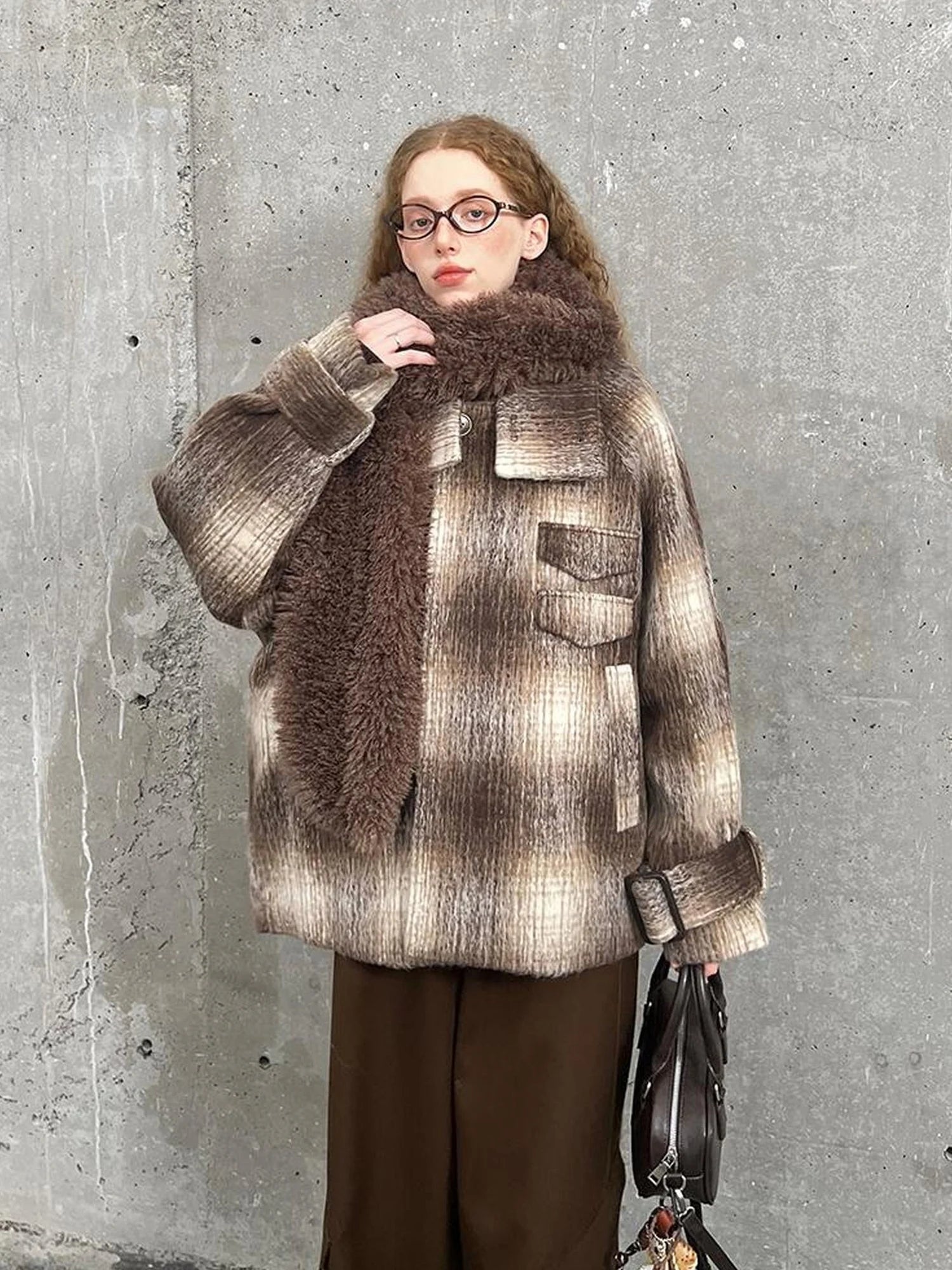 Brown Gradient Check Wool Coat