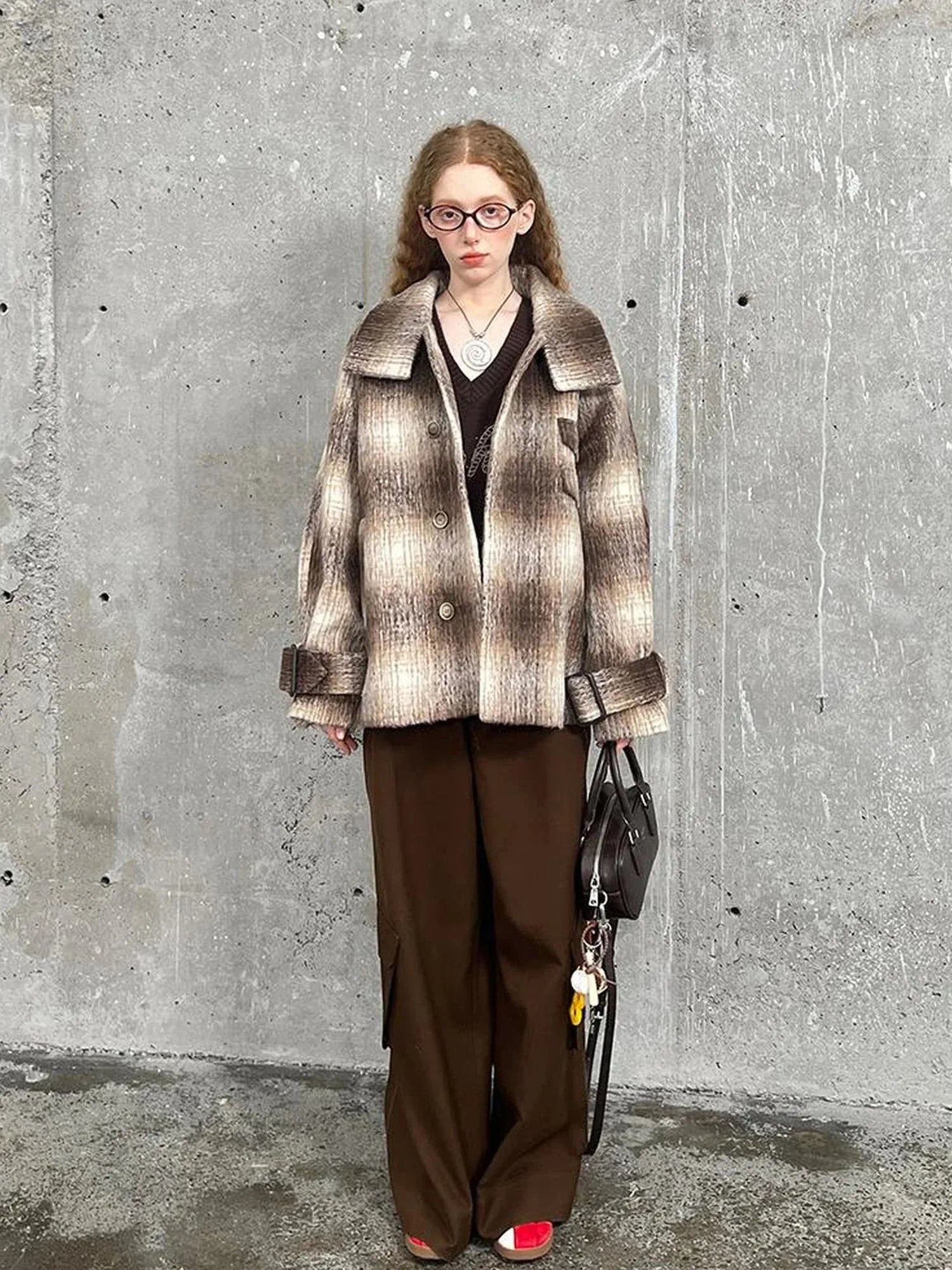 Brown Gradient Check Wool Coat