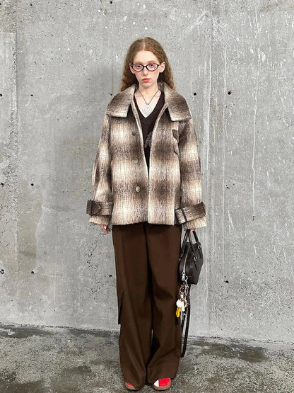 Brown Gradient Check Wool Coat