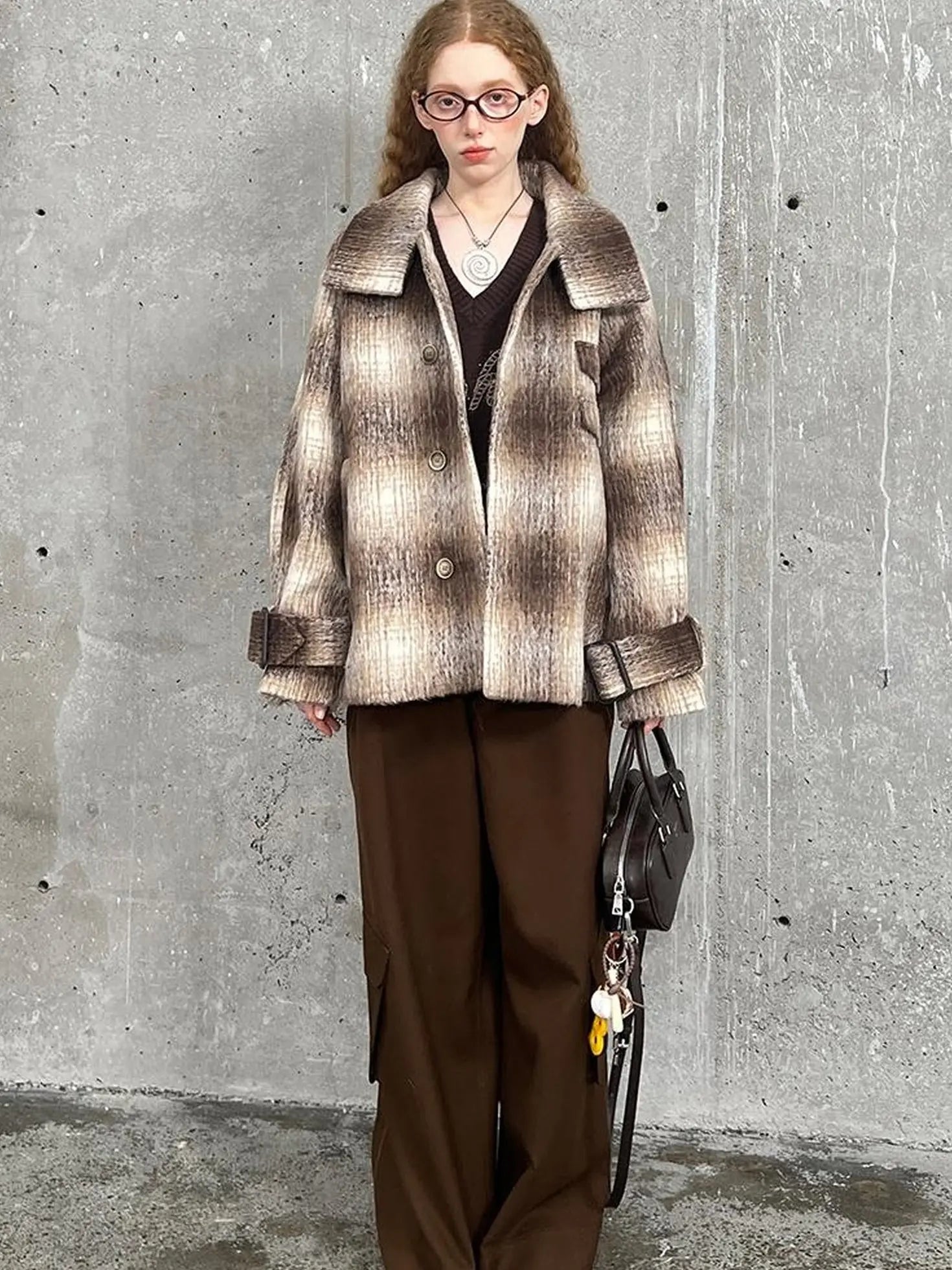 Brown Gradient Check Wool Coat