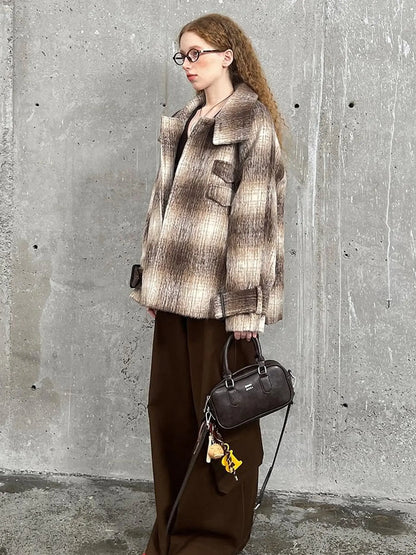 Brown Gradient Check Wool Coat