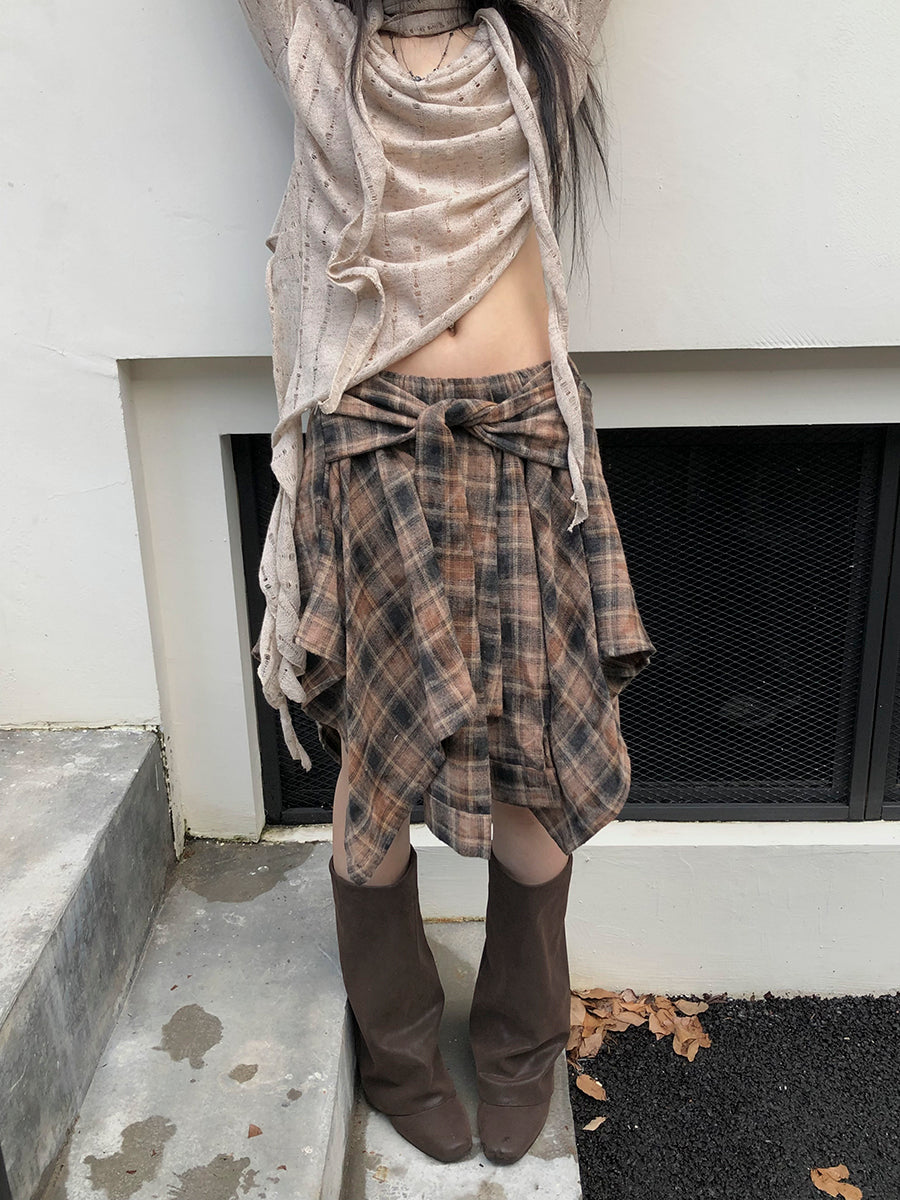 ang project Vintage Plaid Wrap Mini Skirt High Waist Adjustable Waistband