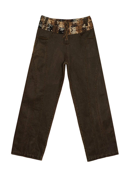 Low Waist Wide Leg Belted Patchwork Denim Pants