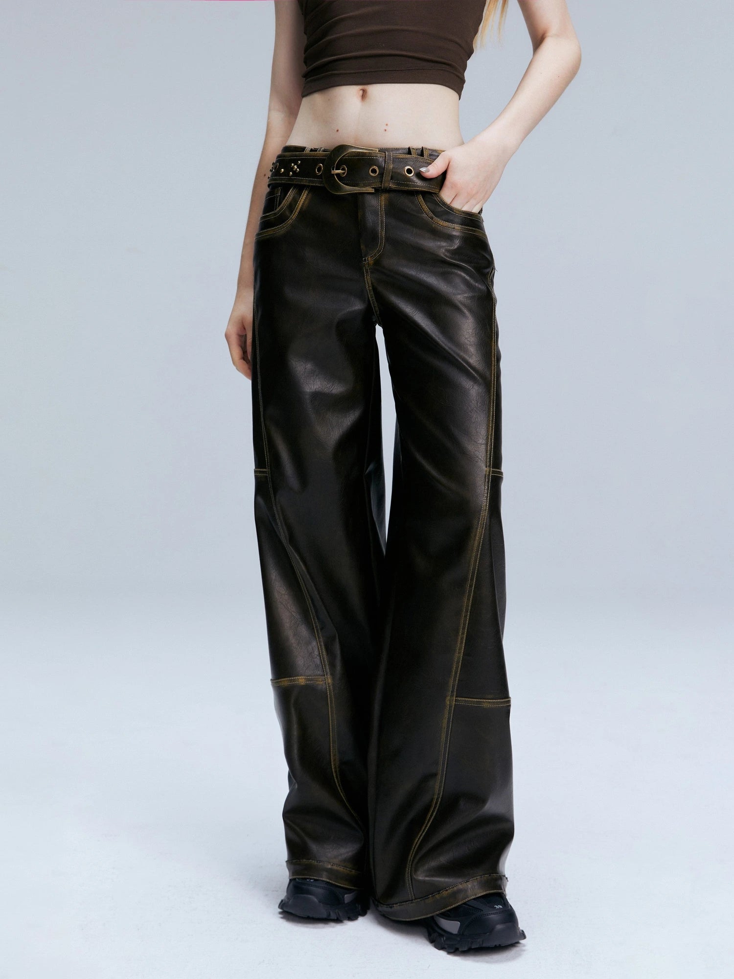 Vintage Brown Loose Fit Low Waist Leather Pants