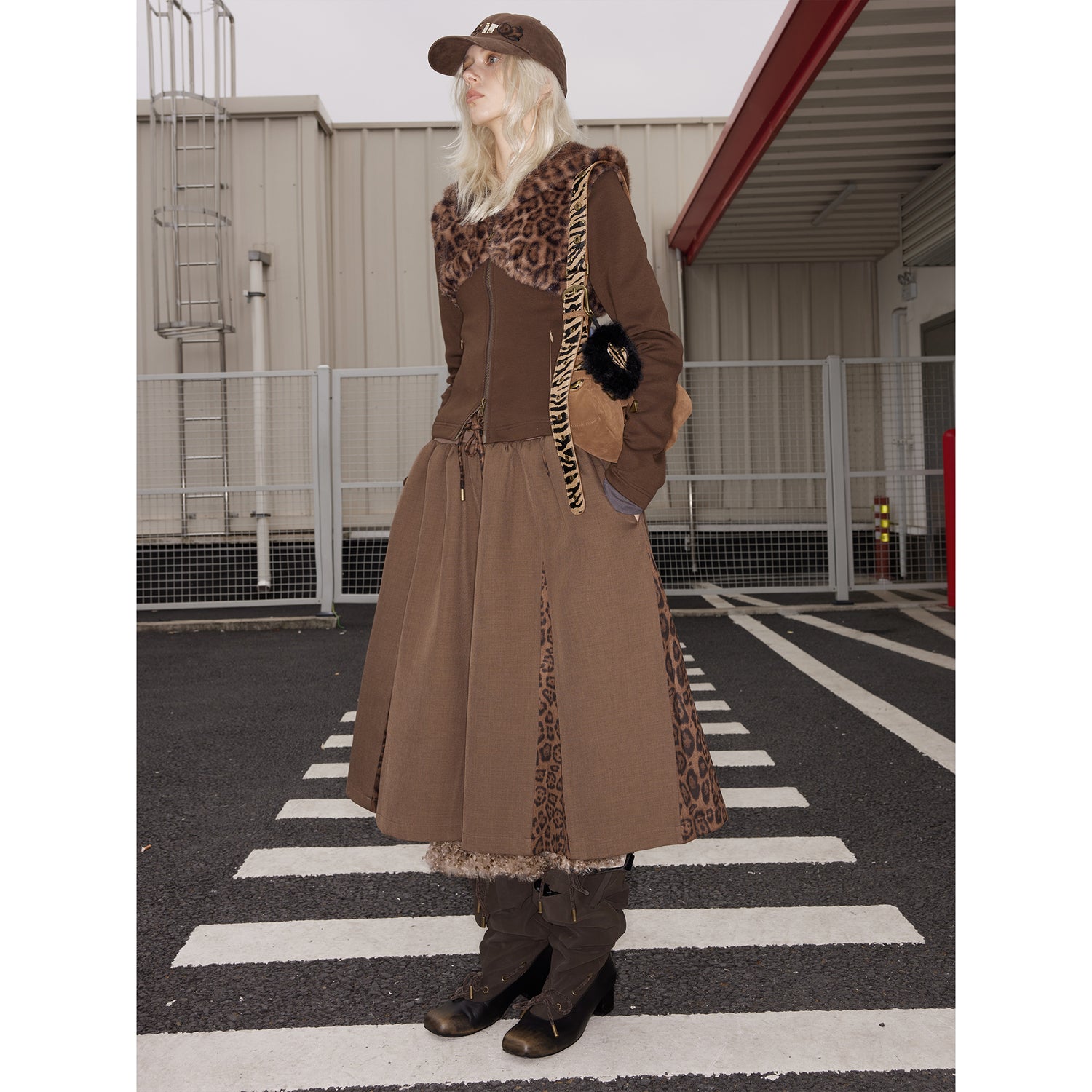 2th Desire Maillard Plaid Leopard Print Layered Ruffle Skirt