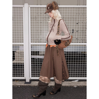 2th Desire Wool Plush Letter Contrast Zip Cardigan