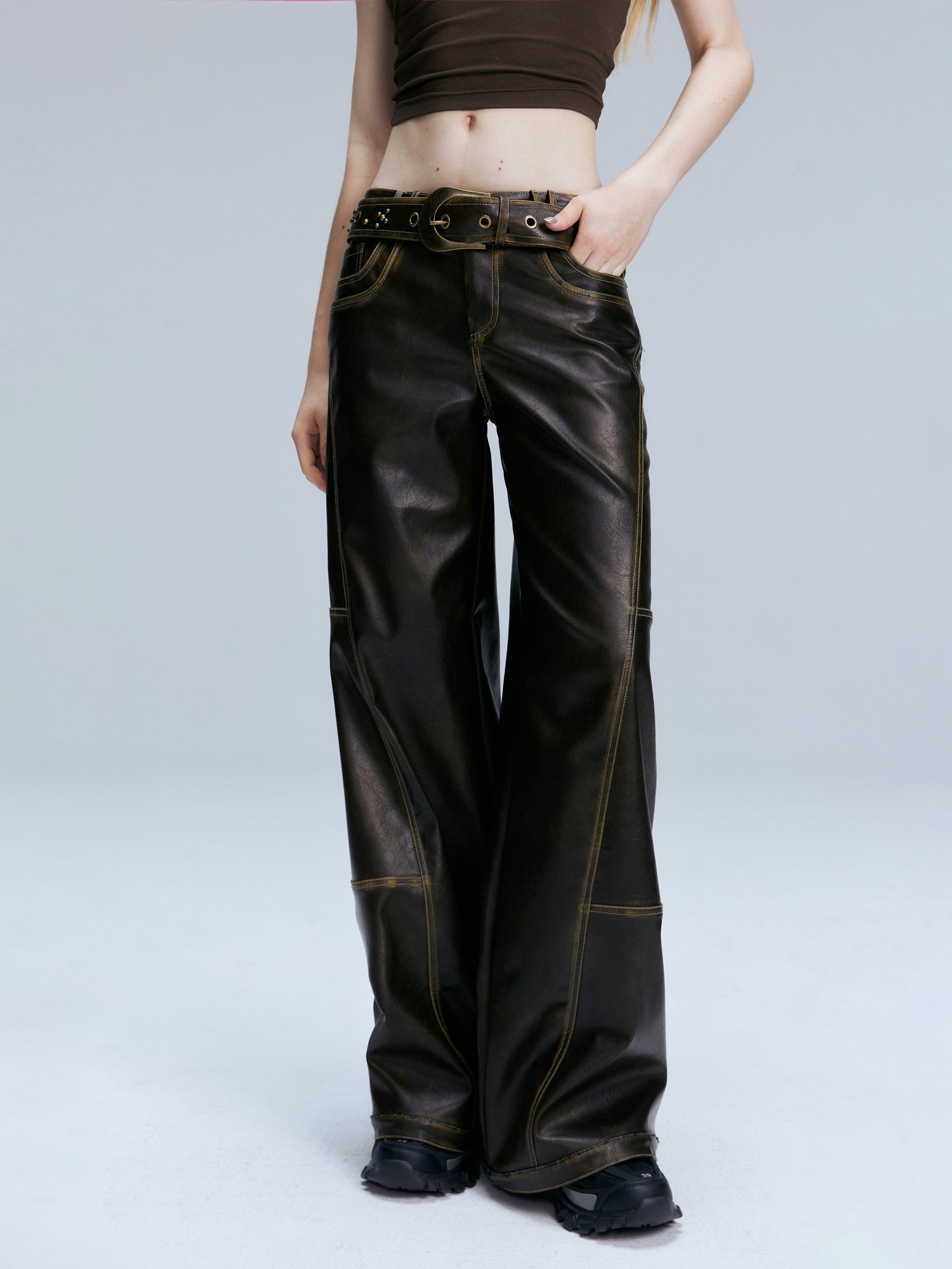 2th Desire Vintage Brown Loose Fit Low Waist Leather Pants