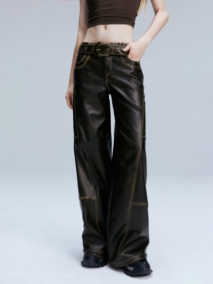 2th Desire Vintage Brown Loose Fit Low Waist Leather Pants