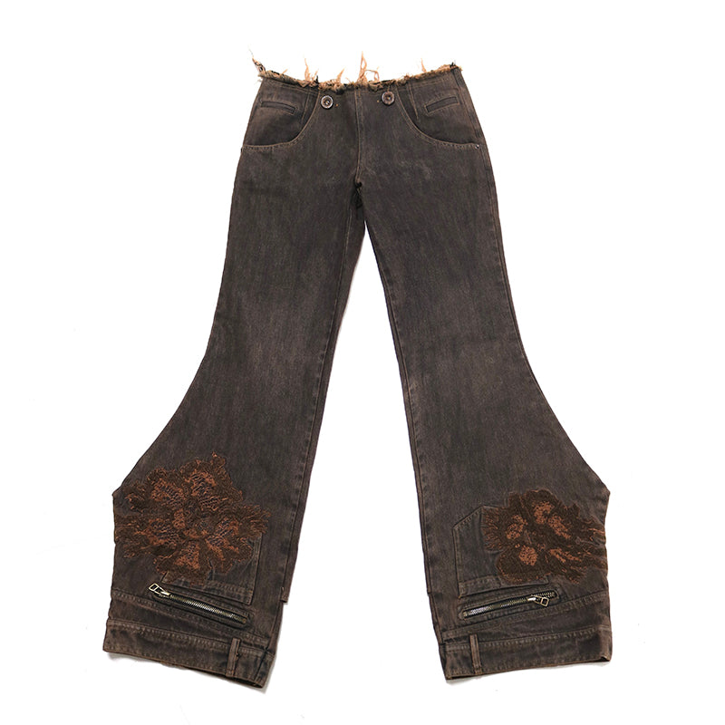 Update OPEN AESTHETIC Heavy Wash Embroidered Floral Waist Shaped Hem Jeans