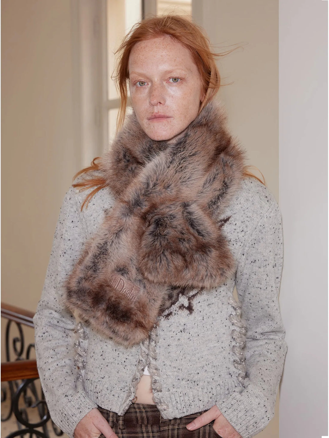 Two Tone Faux Fur Scarf With Leather Label
