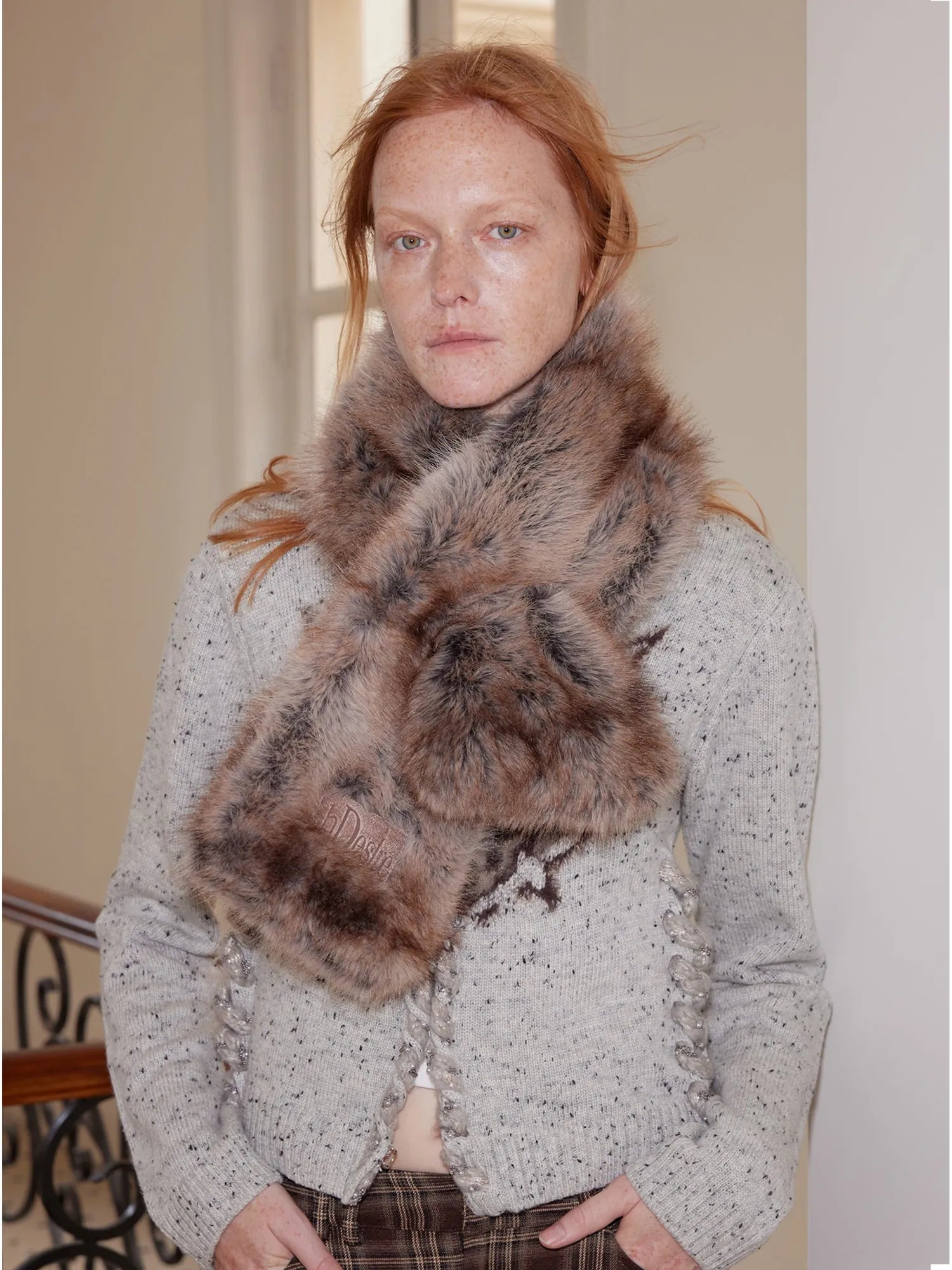 Two Tone Faux Fur Scarf With Leather Label
