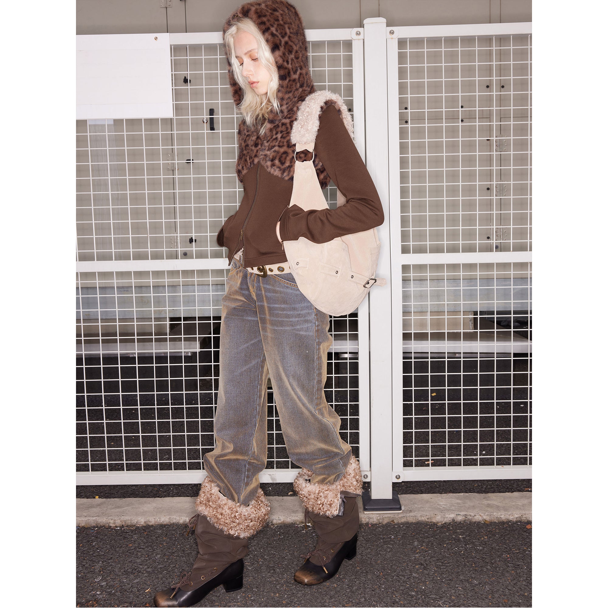 2th Desire Detachable Faux Fur Collar Stacked Ballet Boots
