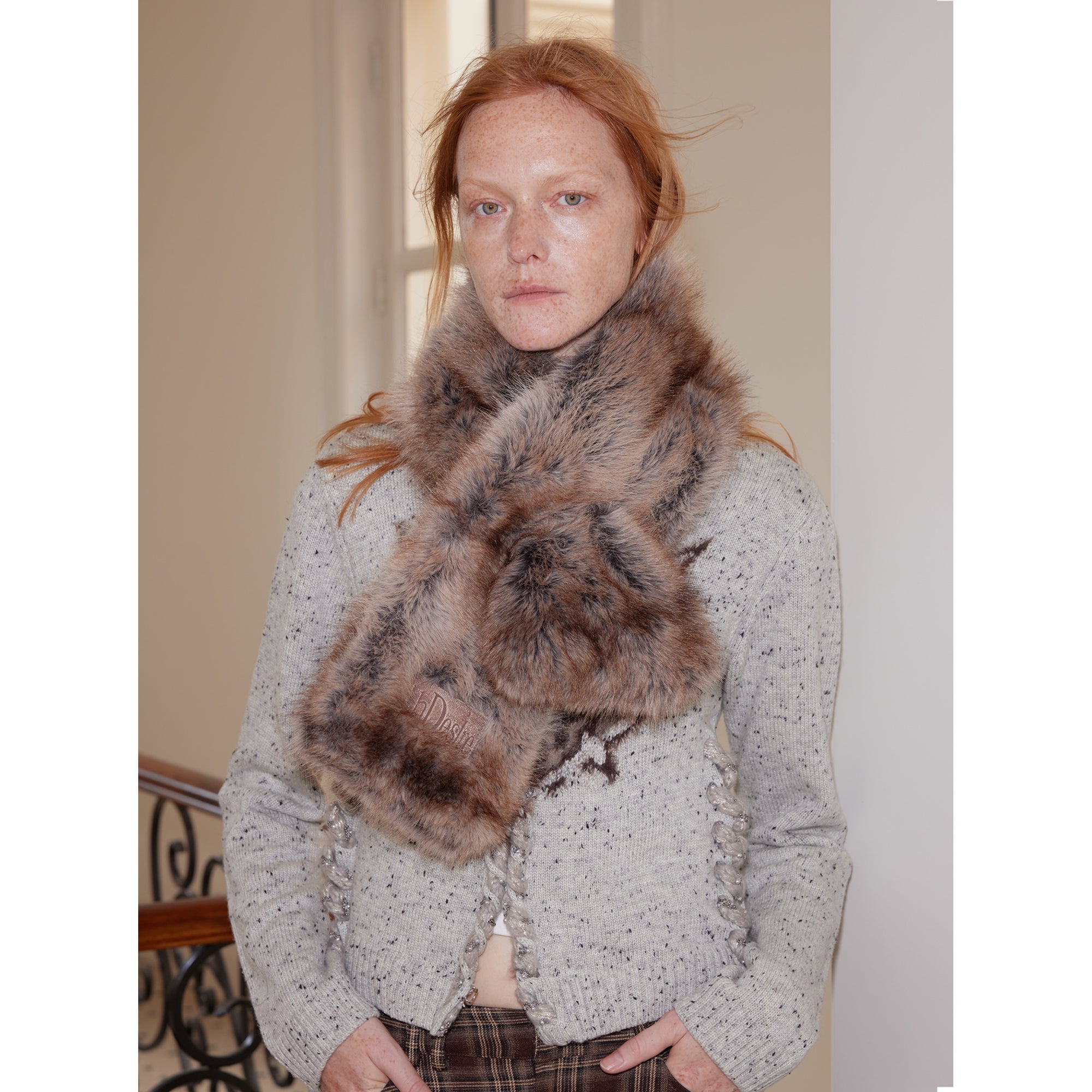 2th Desire Two Tone Faux Fur Scarf With Leather Label