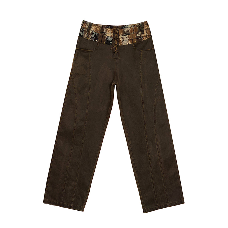 Update c Low Waist Wide Leg Belted Patchwork Denim Pants