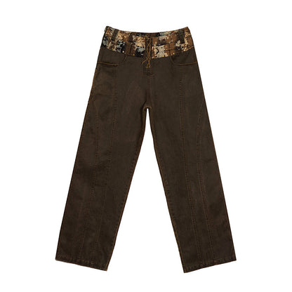 Update c Low Waist Wide Leg Belted Patchwork Denim Pants