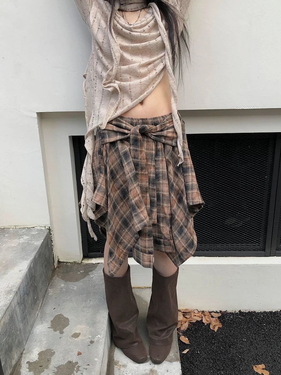 Vintage Plaid Wrap Mini Skirt High Waist Adjustable Waistband