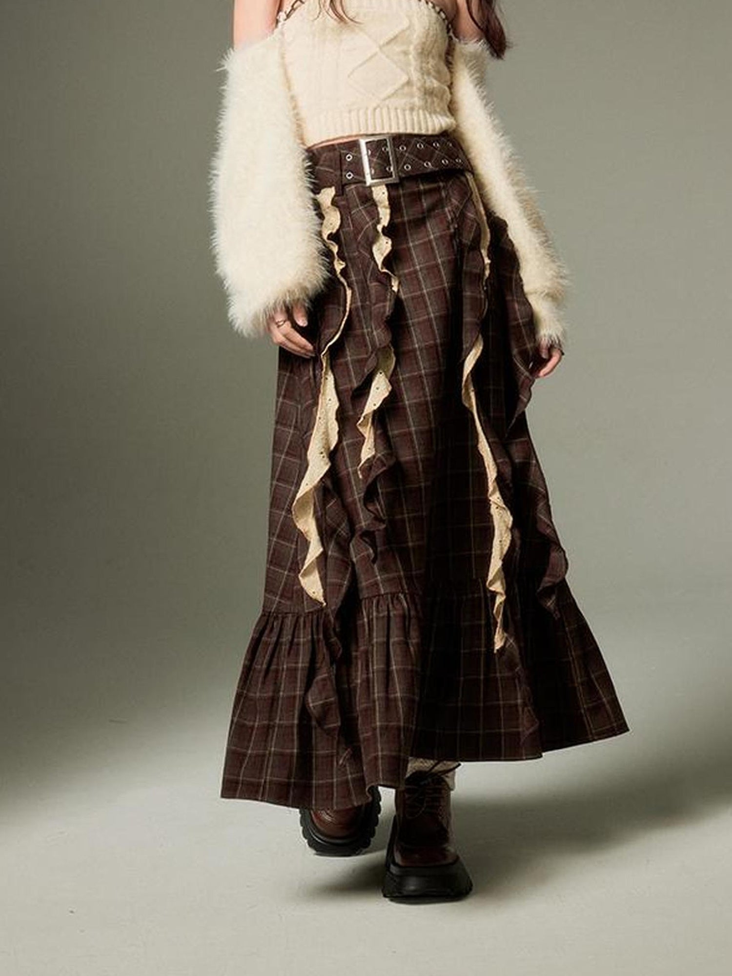 DIDDI MODA Brown Plaid Midi Skirt With Flowing Ribbon Details