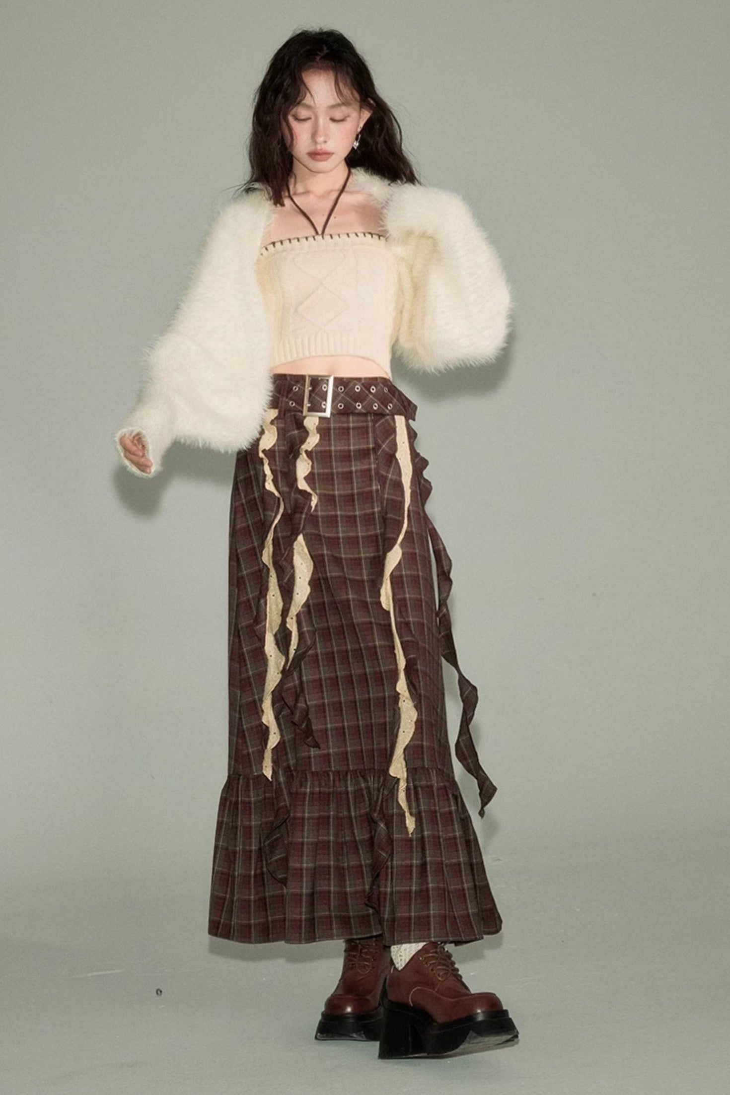 DIDDI MODA Brown Plaid Midi Skirt With Flowing Ribbon Details