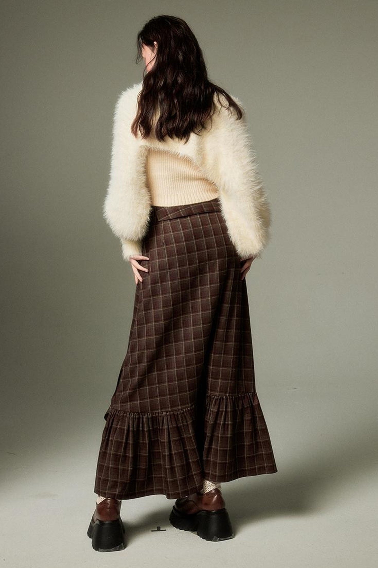 DIDDI MODA Brown Plaid Midi Skirt With Flowing Ribbon Details