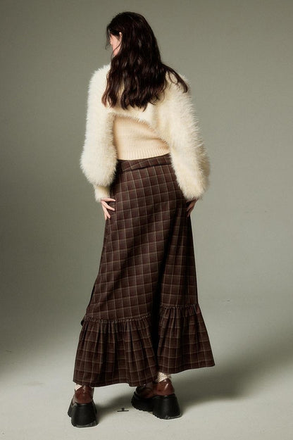 DIDDI MODA Brown Plaid Midi Skirt With Flowing Ribbon Details