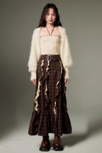DIDDI MODA Brown Plaid Midi Skirt With Flowing Ribbon Details