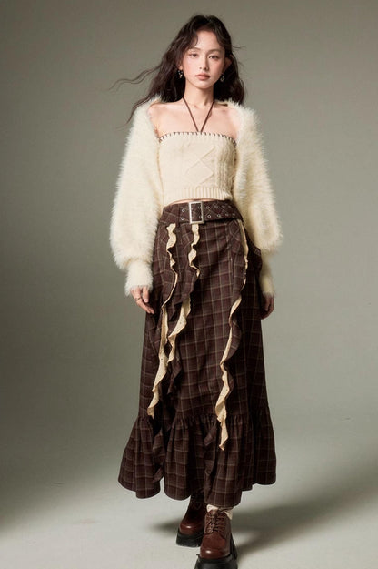 DIDDI MODA Brown Plaid Midi Skirt With Flowing Ribbon Details