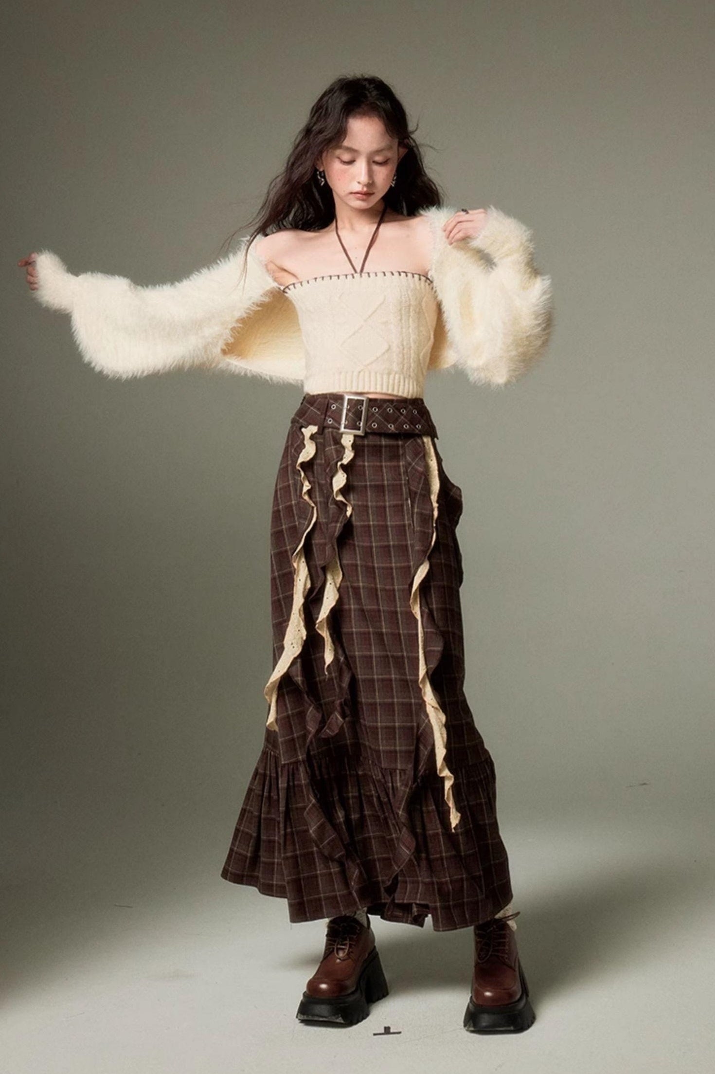 DIDDI MODA Brown Plaid Midi Skirt With Flowing Ribbon Details