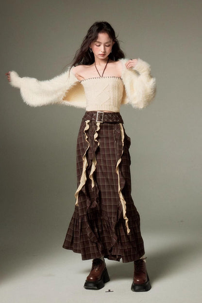 DIDDI MODA Brown Plaid Midi Skirt With Flowing Ribbon Details