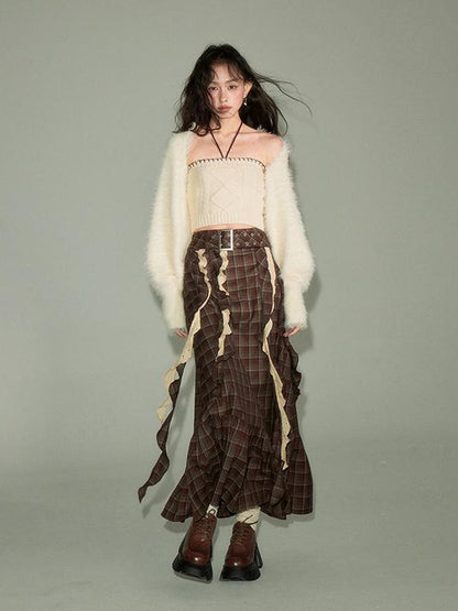 DIDDI MODA Brown Plaid Midi Skirt With Flowing Ribbon Details