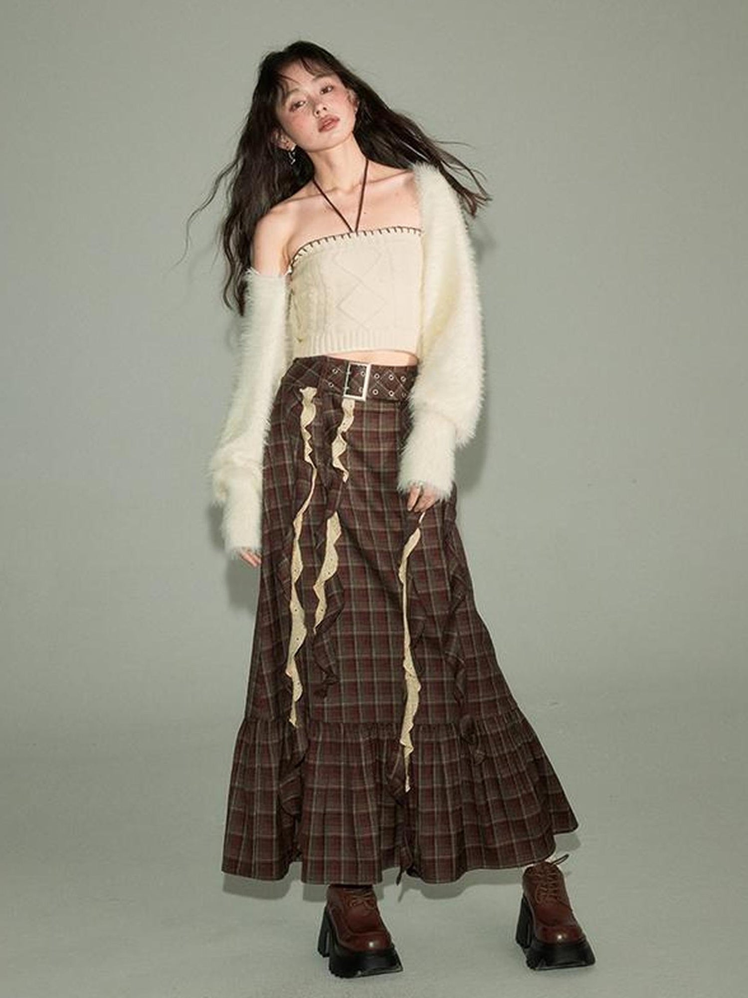 DIDDI MODA Brown Plaid Midi Skirt With Flowing Ribbon Details