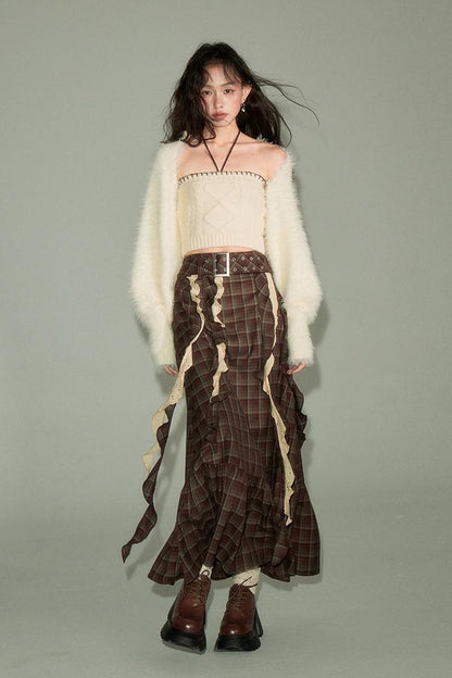 DIDDI MODA Brown Plaid Midi Skirt With Flowing Ribbon Details