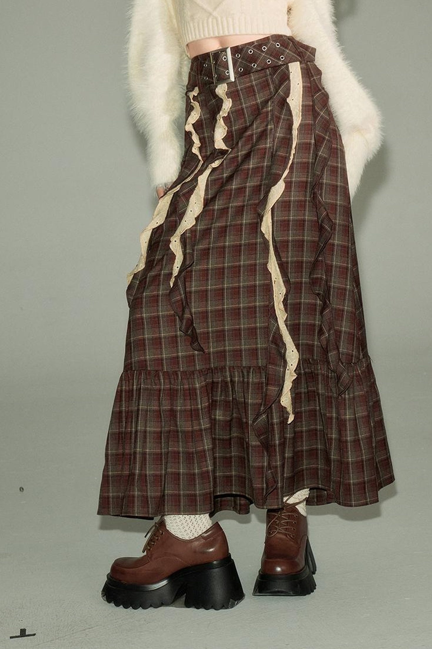 DIDDI MODA Brown Plaid Midi Skirt With Flowing Ribbon Details