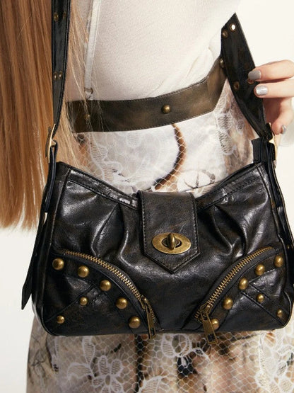 Vintage Y2 K Black Brown Leather Shoulder Tote