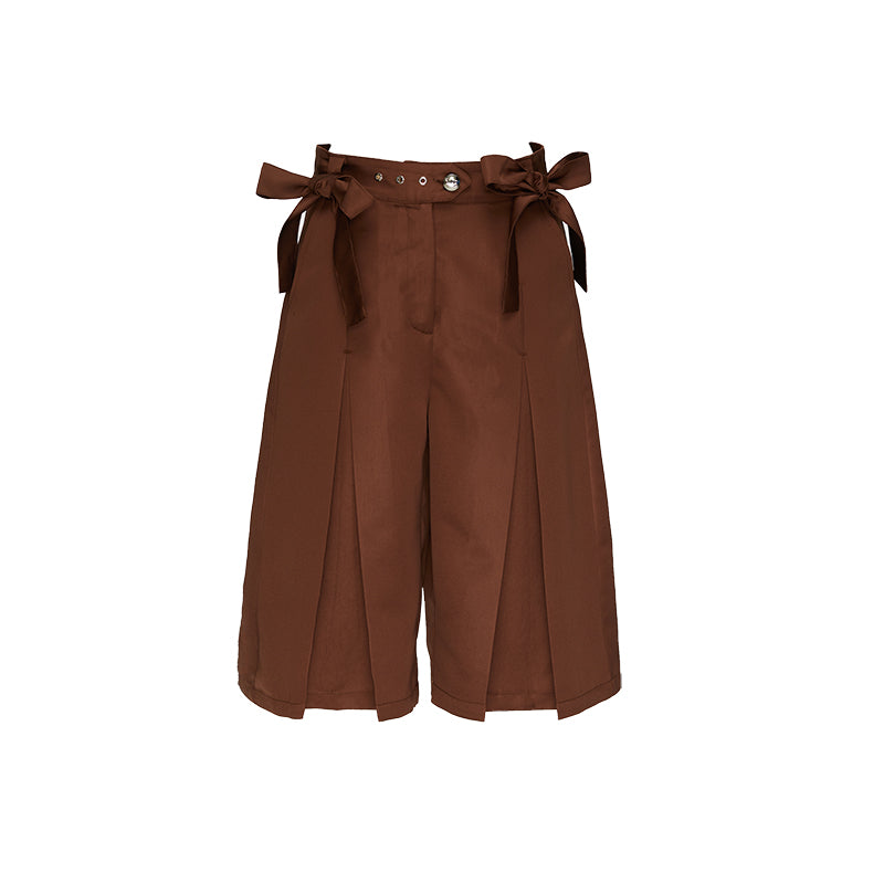 YOSHUYUKI Brown Satin Bow Pleated Trousers