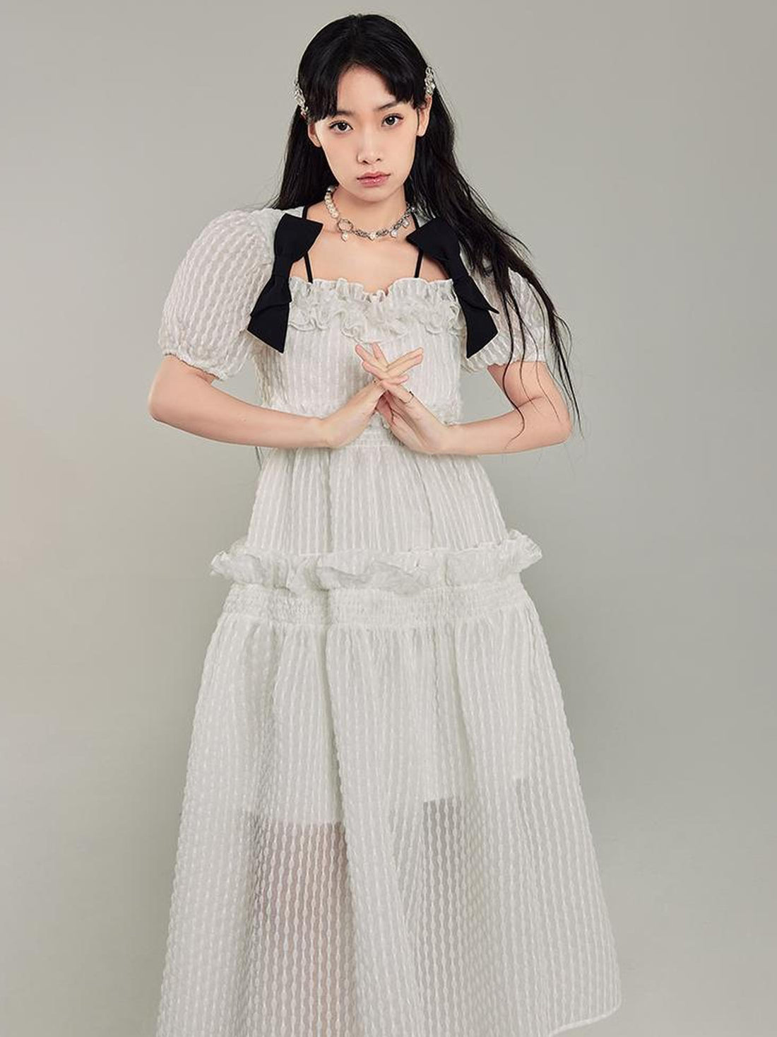 DIDDI MODA Bubble Sweetheart Bow Waist Maxi Dress