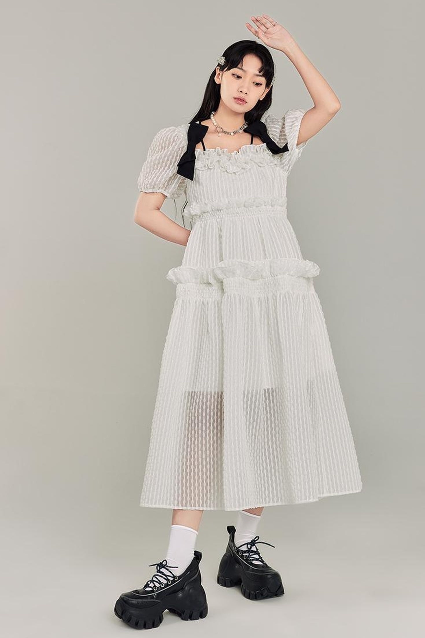 DIDDI MODA Bubble Sweetheart Bow Waist Maxi Dress
