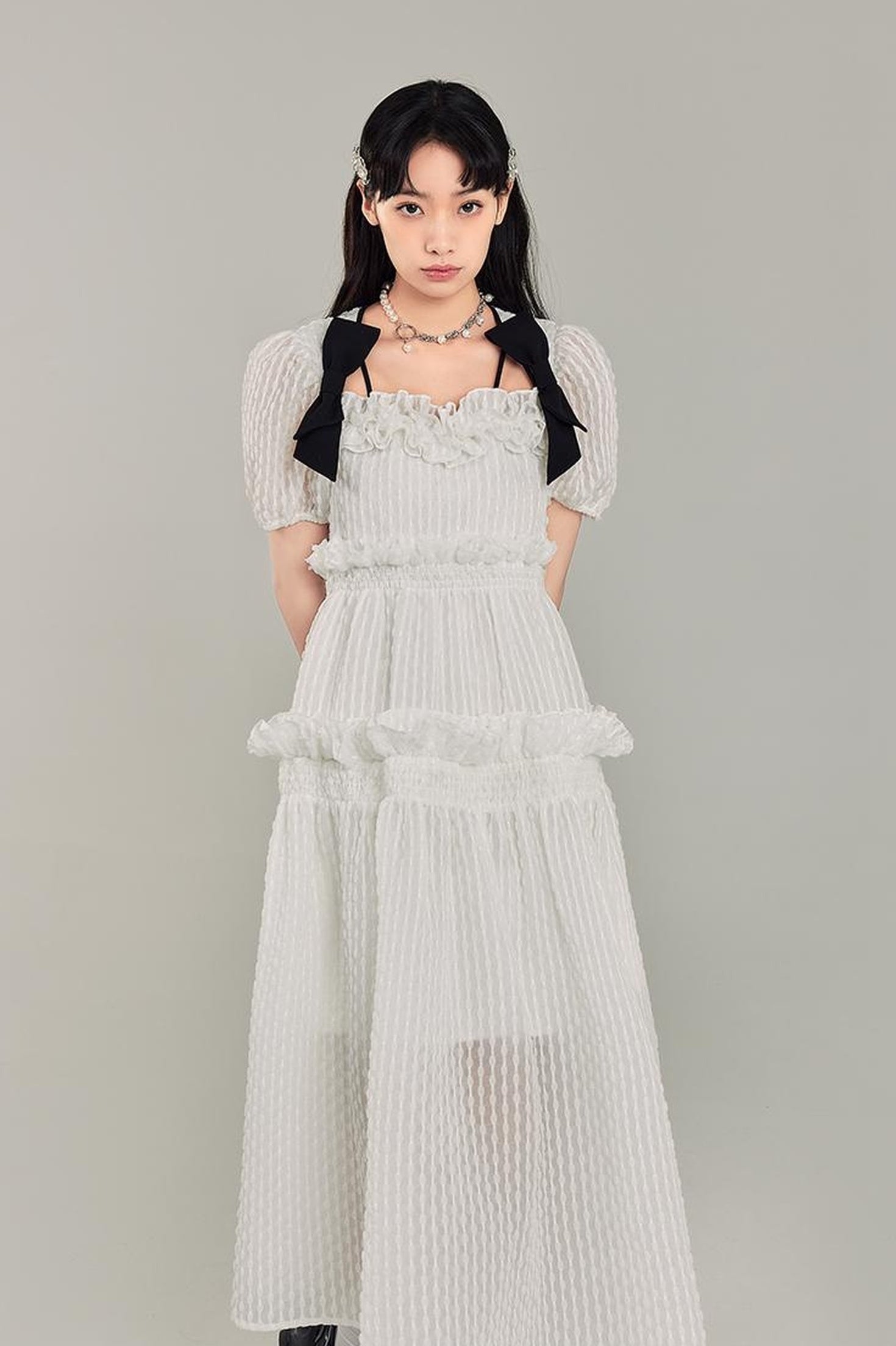 DIDDI MODA Bubble Sweetheart Bow Waist Maxi Dress