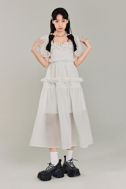 DIDDI MODA Bubble Sweetheart Bow Waist Maxi Dress