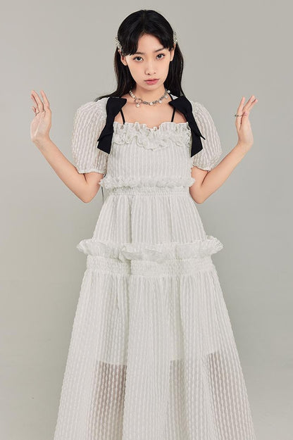 DIDDI MODA Bubble Sweetheart Bow Waist Maxi Dress