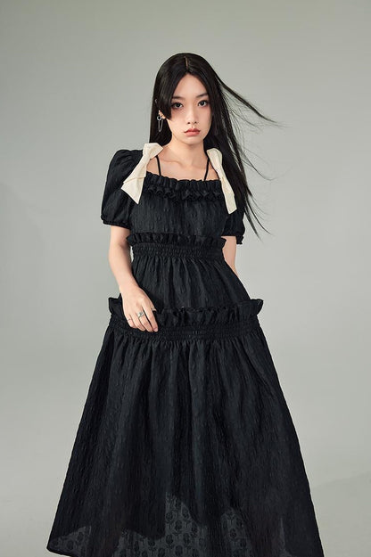 DIDDI MODA Bubble Sweetheart Bow Waist Maxi Dress