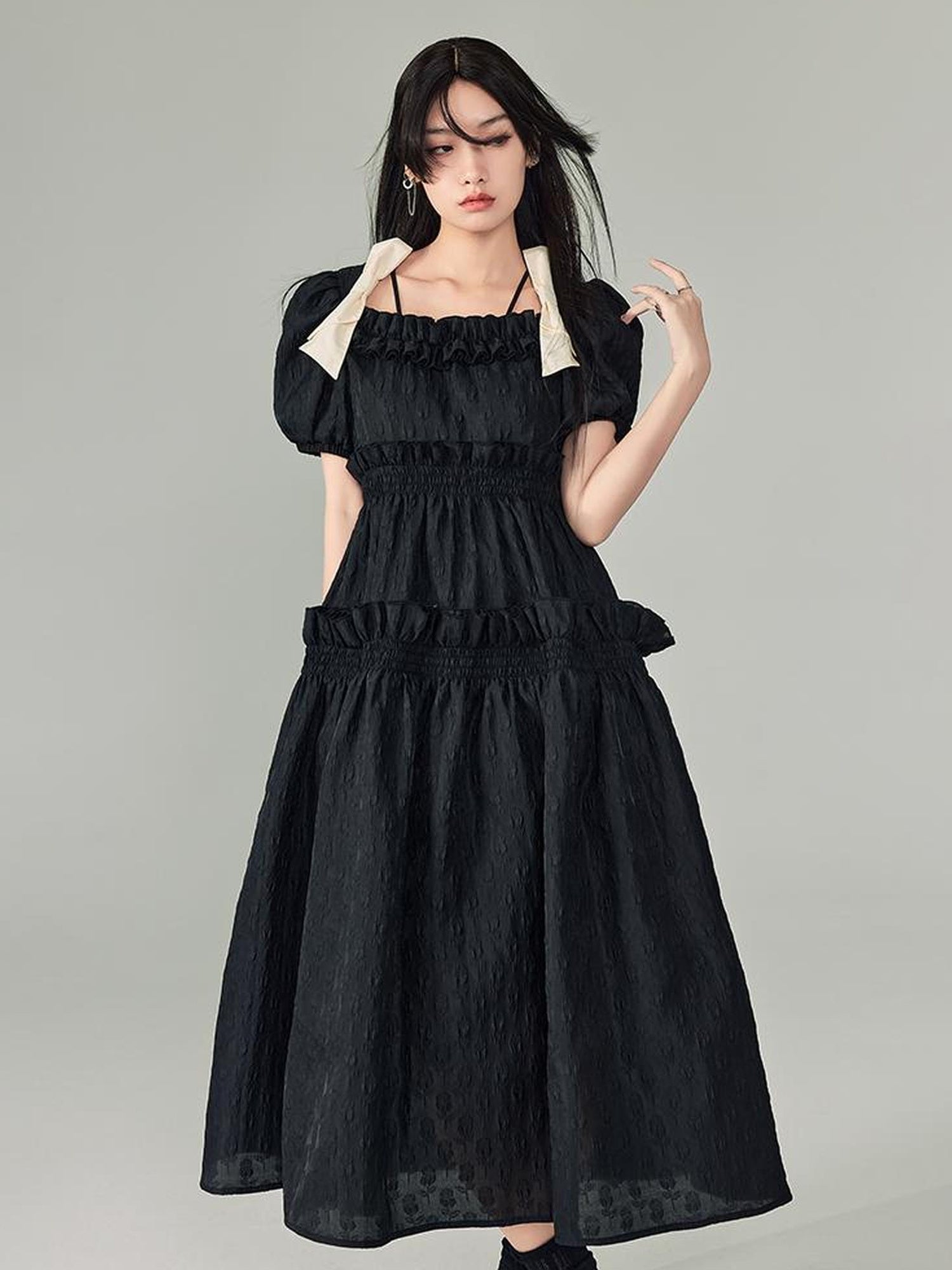 DIDDI MODA Bubble Sweetheart Bow Waist Maxi Dress