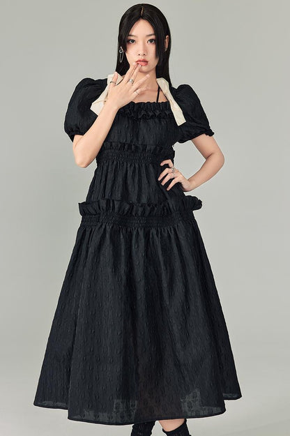 DIDDI MODA Bubble Sweetheart Bow Waist Maxi Dress