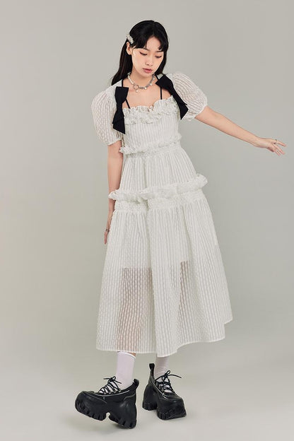 DIDDI MODA Bubble Sweetheart Bow Waist Maxi Dress