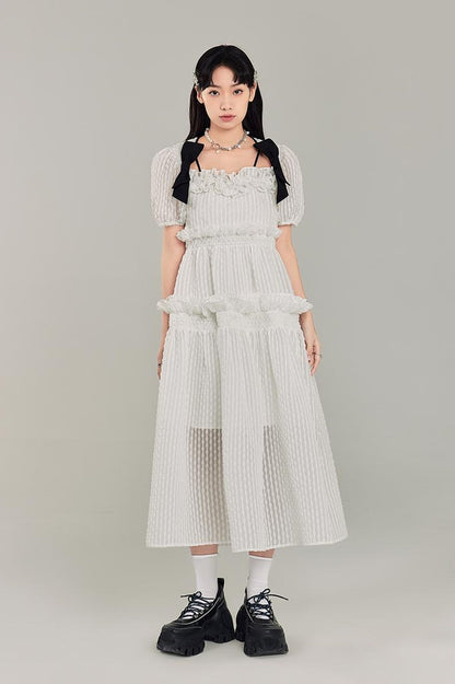 DIDDI MODA Bubble Sweetheart Bow Waist Maxi Dress