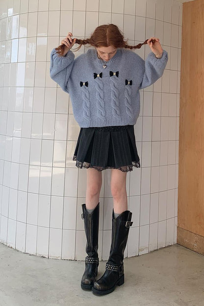 DIDDI MODA Butterfly Bow Cable Knit Sweater