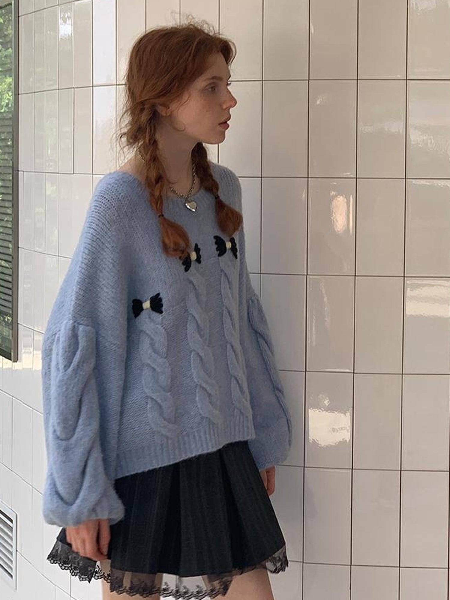DIDDI MODA Butterfly Bow Cable Knit Sweater