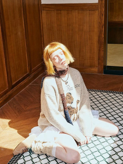 Butterfly Bow Dog Embroidered Knit Sweater