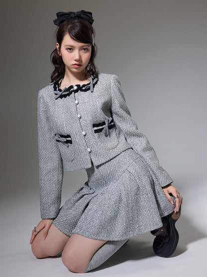 DIDDI MODA Butterfly Bow Knit Set With Pleated Skirt