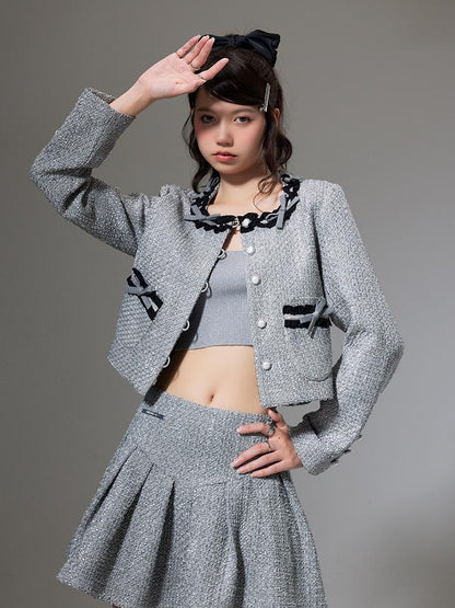 DIDDI MODA Butterfly Bow Knit Set With Pleated Skirt