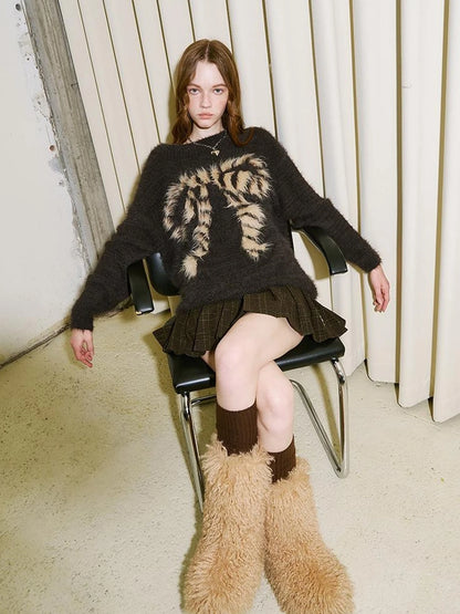 Butterfly Bow Knit Sweater With Faux Fur Trim